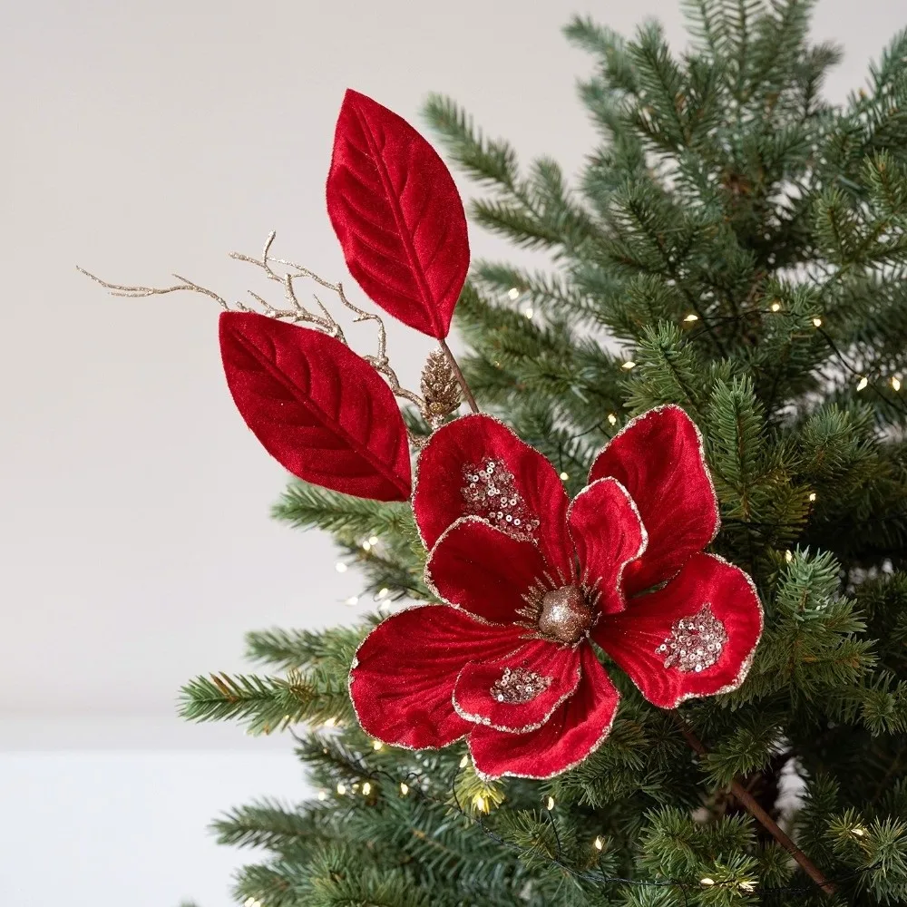 

Glitter Artificial Christmas Flower Flocking Red Gold Christmas Poinsettia Realistic DIY Xmas Decorative Flowers Home Decor