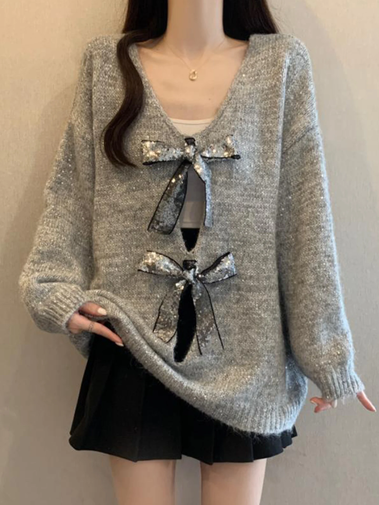 

Уникальный красивый вязаный свитер с узлами для женщин, осенне-зимний, больших размеров, свободного кроя, средней длины, топ-свитер