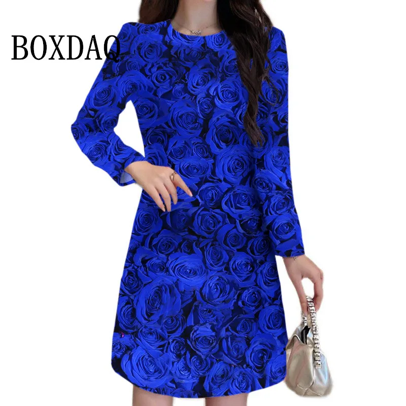 New Rose Dresses Valentine Women Clothing Oversized Long Sleeve Loose Casual Dress Flowers 3D Printing Evening Party Mini Dress