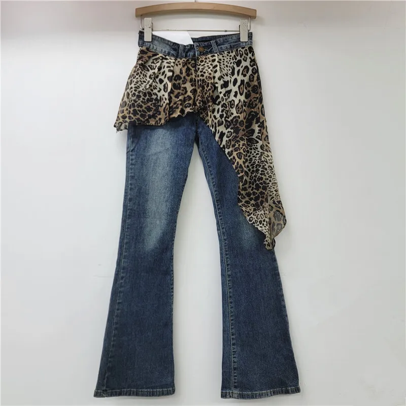 [zoci] Leopard Print Floating Tail Design Micro Flared Jeans New Street Style Girl Washed Ground White