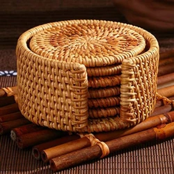 Rattan Coasters with Holder Storage Box Handmade Tea Cup Round Edge Coasters for Kitchen Table Drinks Crafts Rattan Pads