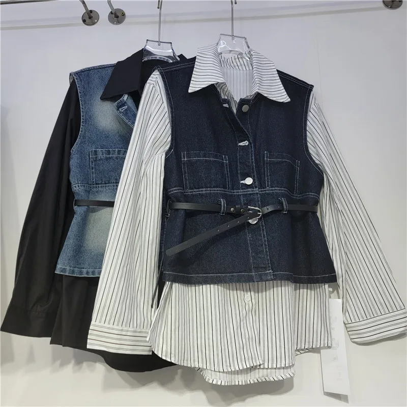 

SuperAen модный осенний 2025 новый короткий джинсовый жилет с круглым вырезом и поясом с длинными рукавами, винтажные свободные повседневные рубашки в полоску, комплекты из двух предметов