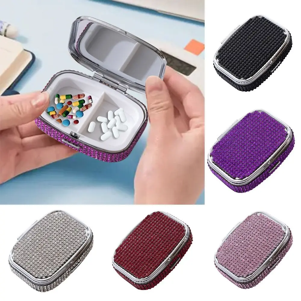 Creative with HD Mirror Pill Case Mini Rhinestone-encrusted Jewelry Box Multifunctional Shiny Sealed Organizer