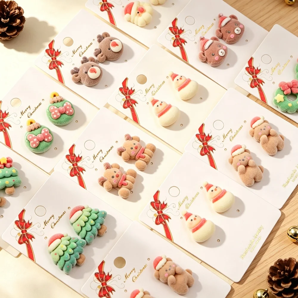 8/16Pairs Christmas Cute Flocked Resin Earrings For Women Cartoon Snowman Santa Claus Christmas Tree Mix Jewelry Holiday Party
