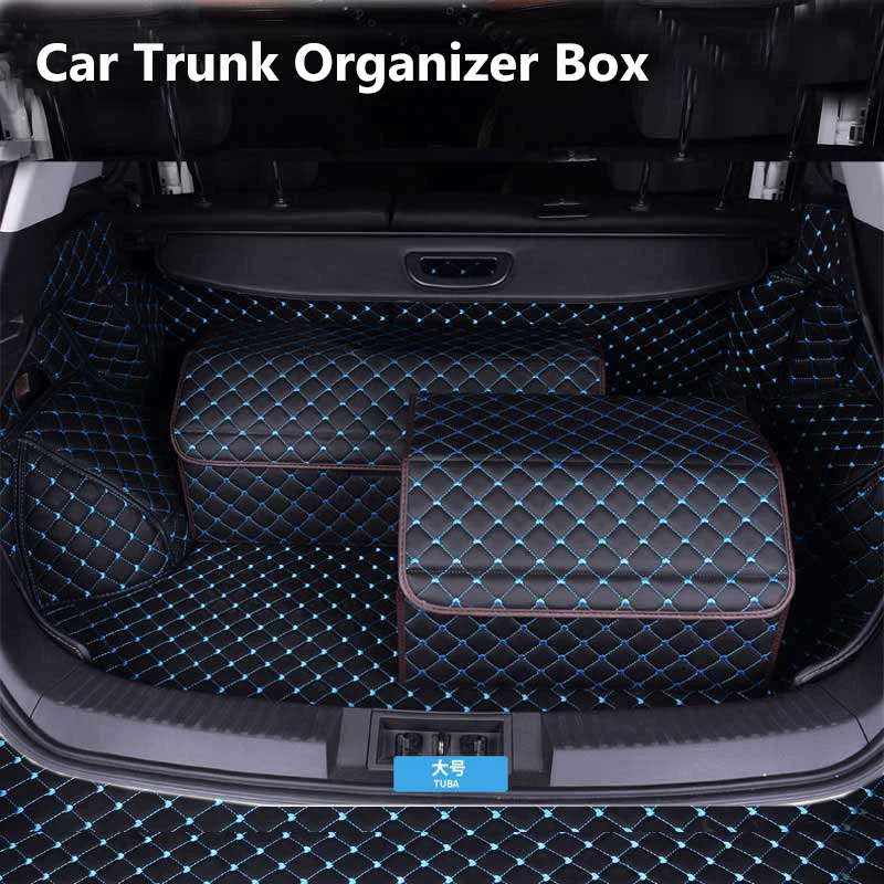 Love-type Blue-Car Trunk Organizer Box-Large Capacity-Emergency Car Multiuse Folding Tools Leather Storage Bag Stowing Tidying
