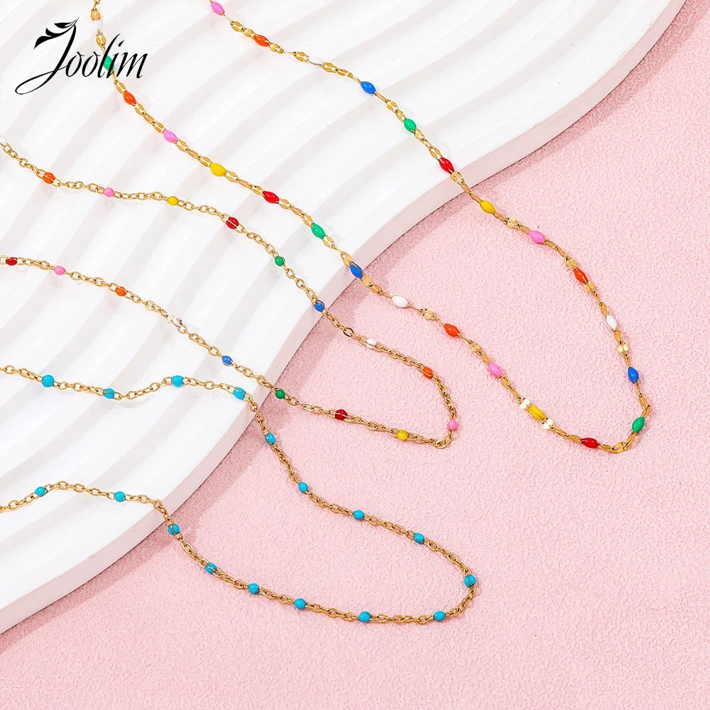 Joolim Jewelry Wholesale Waterproof& No Fade Fashion Basic Fine Colorful Bead Lip Chain Stainless Steel Necklace for Women