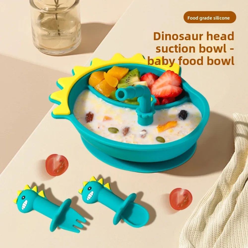 Baby Silicone Plate Integrated Grid Baby Food Supplement Bowl Dinosaur Silicone Short Handle Fork and Spoon Children's Tableware