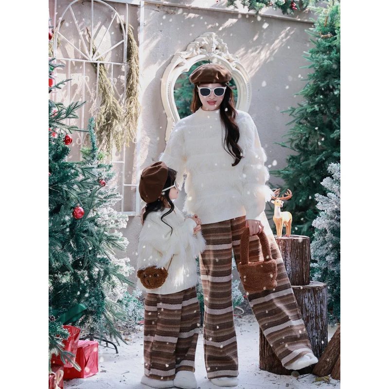 

Одинаковые комплекты для всей семьи, новый зимний свитер для мамы и дочки, рождественский белый свитер с кисточками, пушистый пуловер, свитер