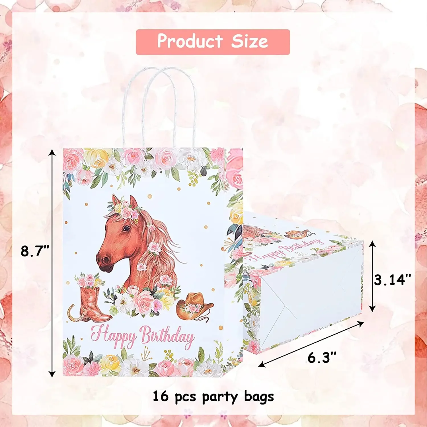 Horse Gift Bags for Party Favors, Western Girl Paper Treat Bags, Birthday, Wedding, Bridal Shower, Party Supplies, 16Pcs