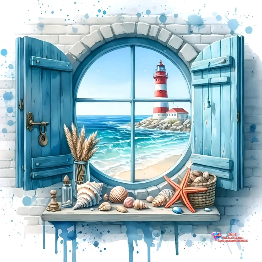1pc frameless  Lighthouse Window Sea View Diamond Painting Kit 5D DIY Diamond Embroidery Cross Stitch Handmade Art Gift Crafts H