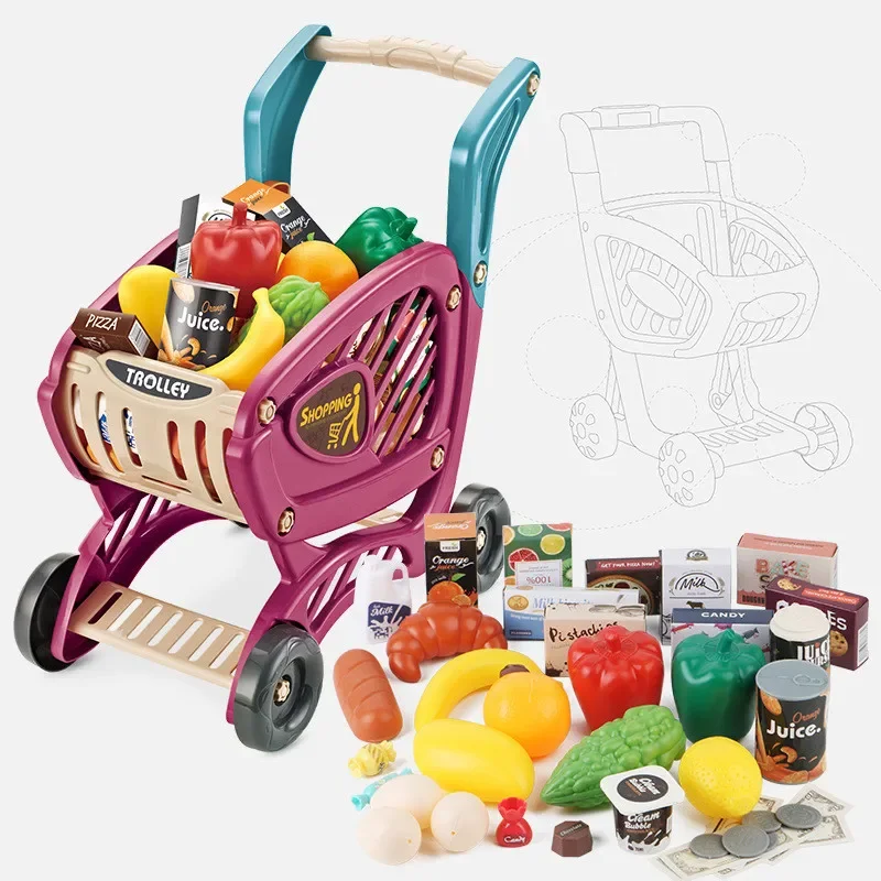 42pcs/set Simulate home shopping carts trolley kitchen food fruit and vegetable Play house Interactive Toy baby birthday gift