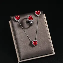 Ruby Red 925 Silver Heart Jewelry Set Birthstone Jewelry Women Earrings/Pendant/Necklace/Rings Festival Valentine's Day Gift