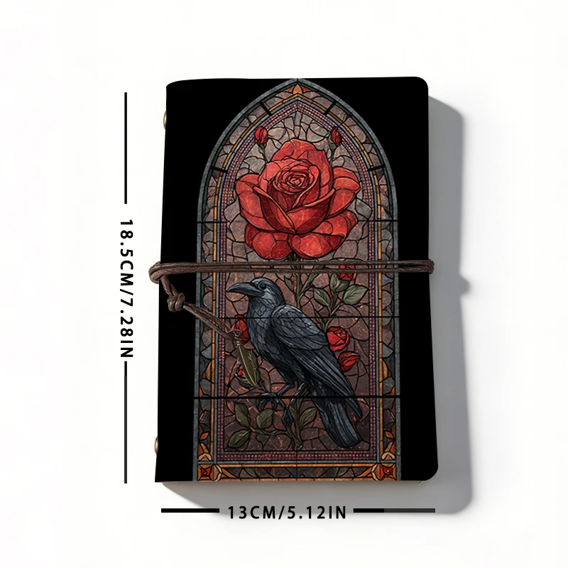 Buntglas-Rabe-Rose A6 Leder-Notizbuch - Gotischer Hexenstil, Reisetagebuch, Perfektes Geschenk für Okkult- und Literaturliebhaber – Detail 4