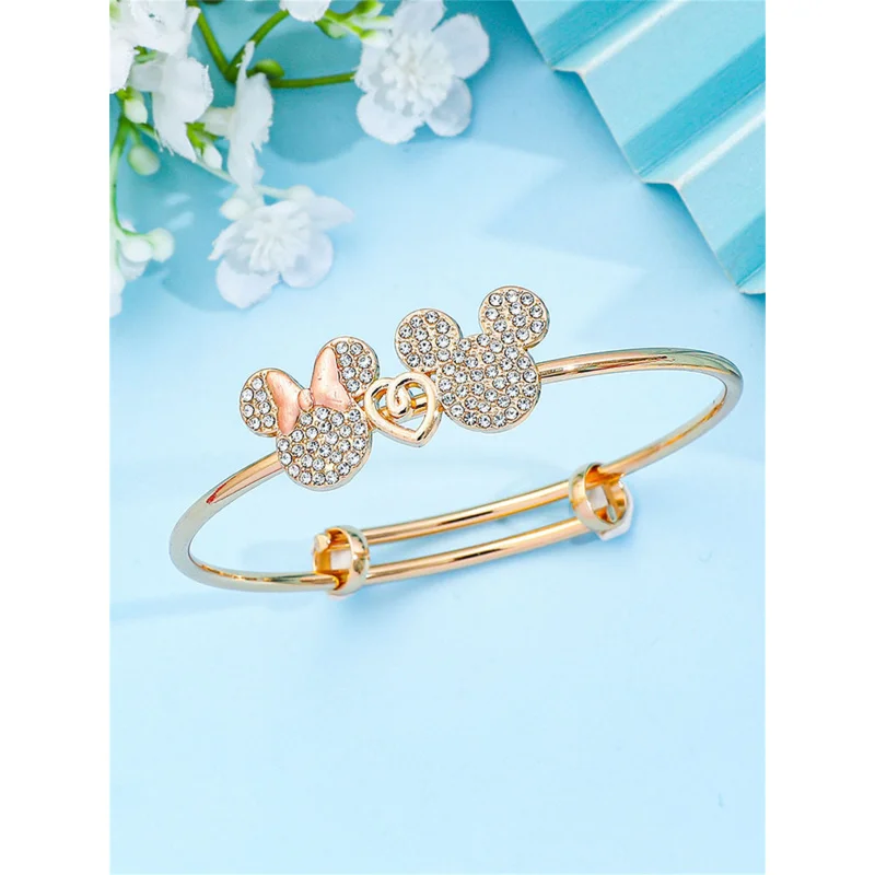 1 brazalete romántico de Mickey y Minnie: personajes de diamantes de imitación con dije de corazón, linda joyería para parejas.