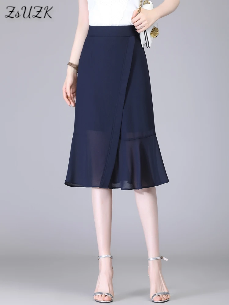 

ZUZK Summer Chiffon Skirt New Elastic High Waist Lady Fishtail Skirt Elegant Design Chiffon Skirt