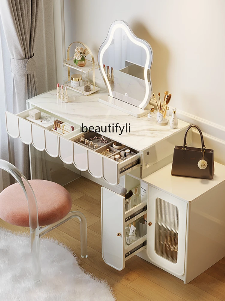 LBX Acrylic French Dressing Table Modern Cream Stone Plate Retractable Hanging Makeup Table Storage Cabinet Integrated