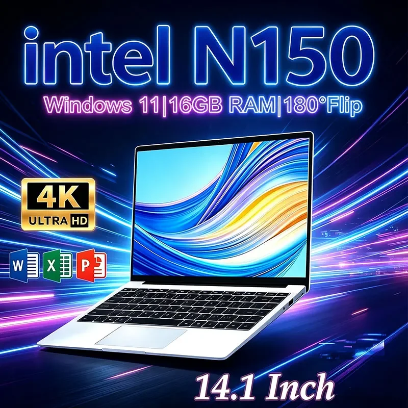 Intel N150 14.1" Gaming Laptop Windows 11 16GB RAM 1/2TB M.2 SSD Laptops 4K HD Desktop Office School Study Notebook Computer PC