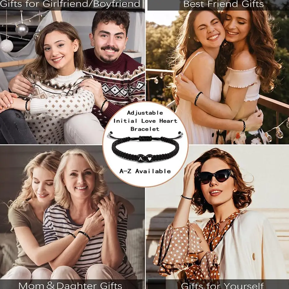 Pulsera de corazón tejida a mano con letras A-Z, cuerda trenzada, ajustable, para parejas y amigos 3