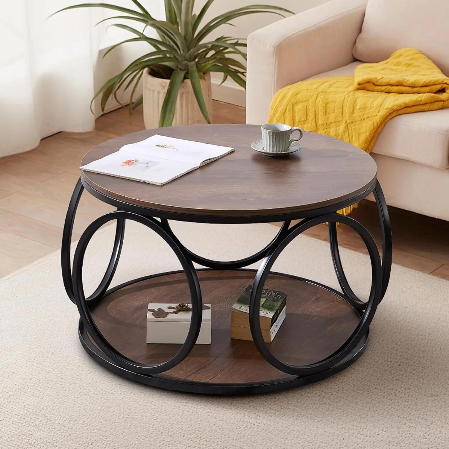 

31.5" Round Coffee Table With Storage - 2 Tier Vintage Coffee Table For Living Room, Industrial Design Wood Top &, Customized