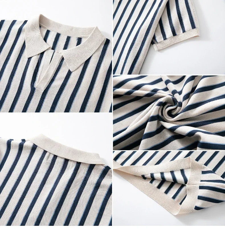 

Мужская трикотажная рубашка-поло в полоску, легкая роскошная повседневная футболка с V-образным вырезом, высококачественные топы, однотонная трикотажная одежда с коротким рукавом, новинка