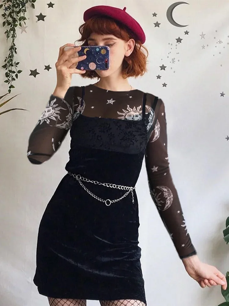 2020 المرأة مثير Harajuku شبكة بلايز كم طويل انظر من خلال تي شيرت شفاف الشمس القمر ستار تي شيرت مطبوع Femininas كلوبوير