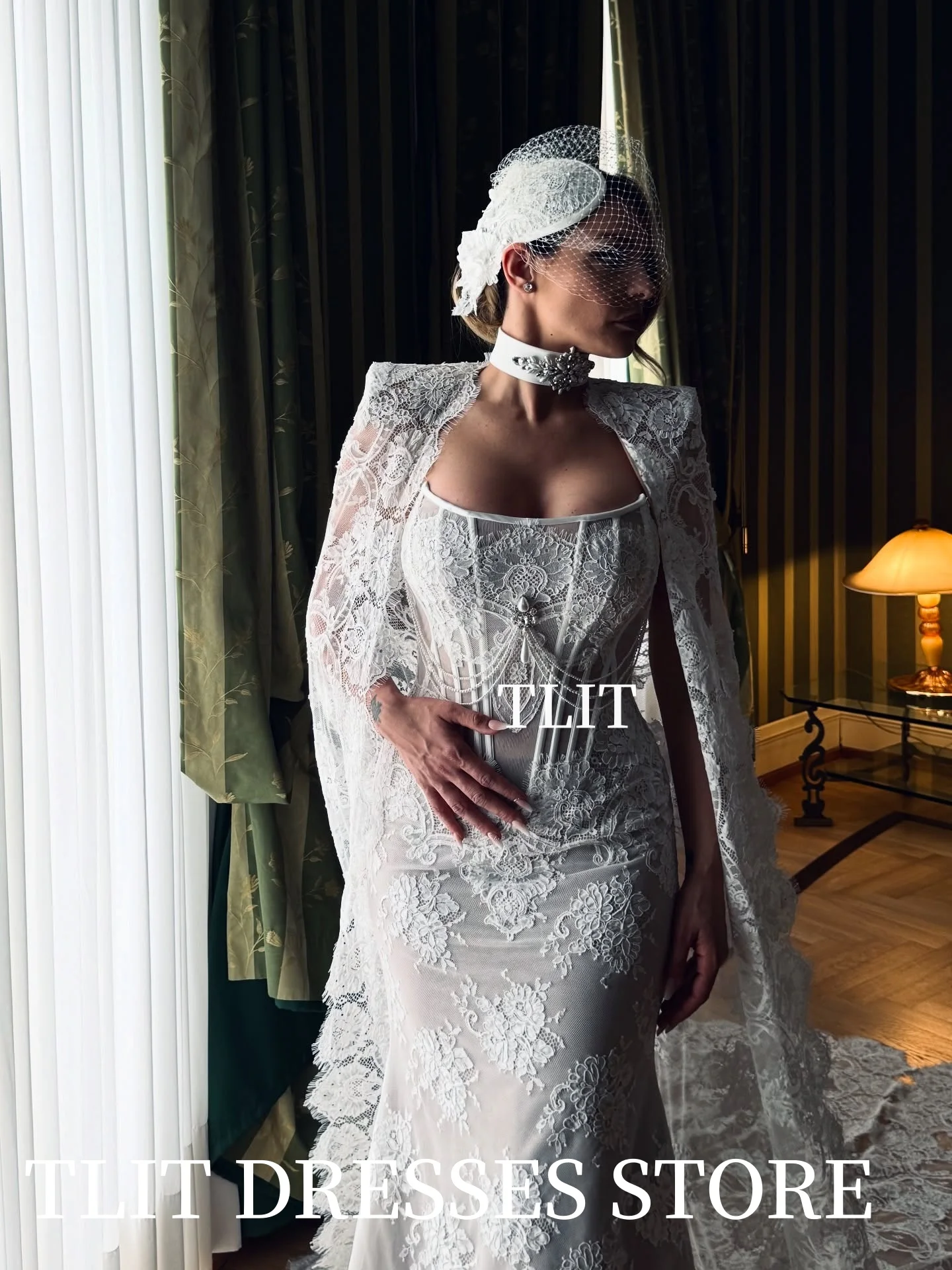 TLIT Luxurious Lace Mermaid Wedding Dresses Customized Sweetheart  فساتين زفاف Lace Shawl Pearls Bridal Gowns