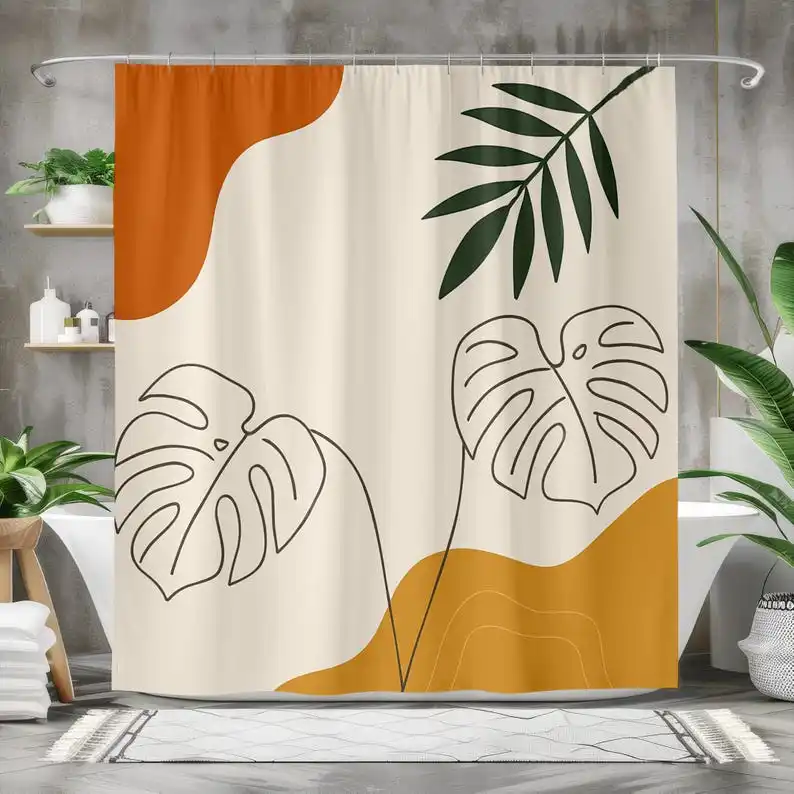 

Boho Modern Shower Curtain, Minimalist Monstera Bathroom Decor, Earth Tone Abstract Style, Plant Lover Gift