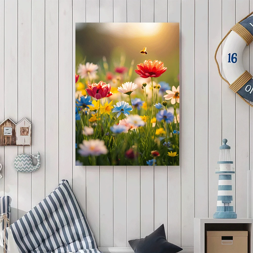 1PC-Canvas poster Unframed  Colorful Wildflowers Field Sunset Nature Canvas Art Print  summer