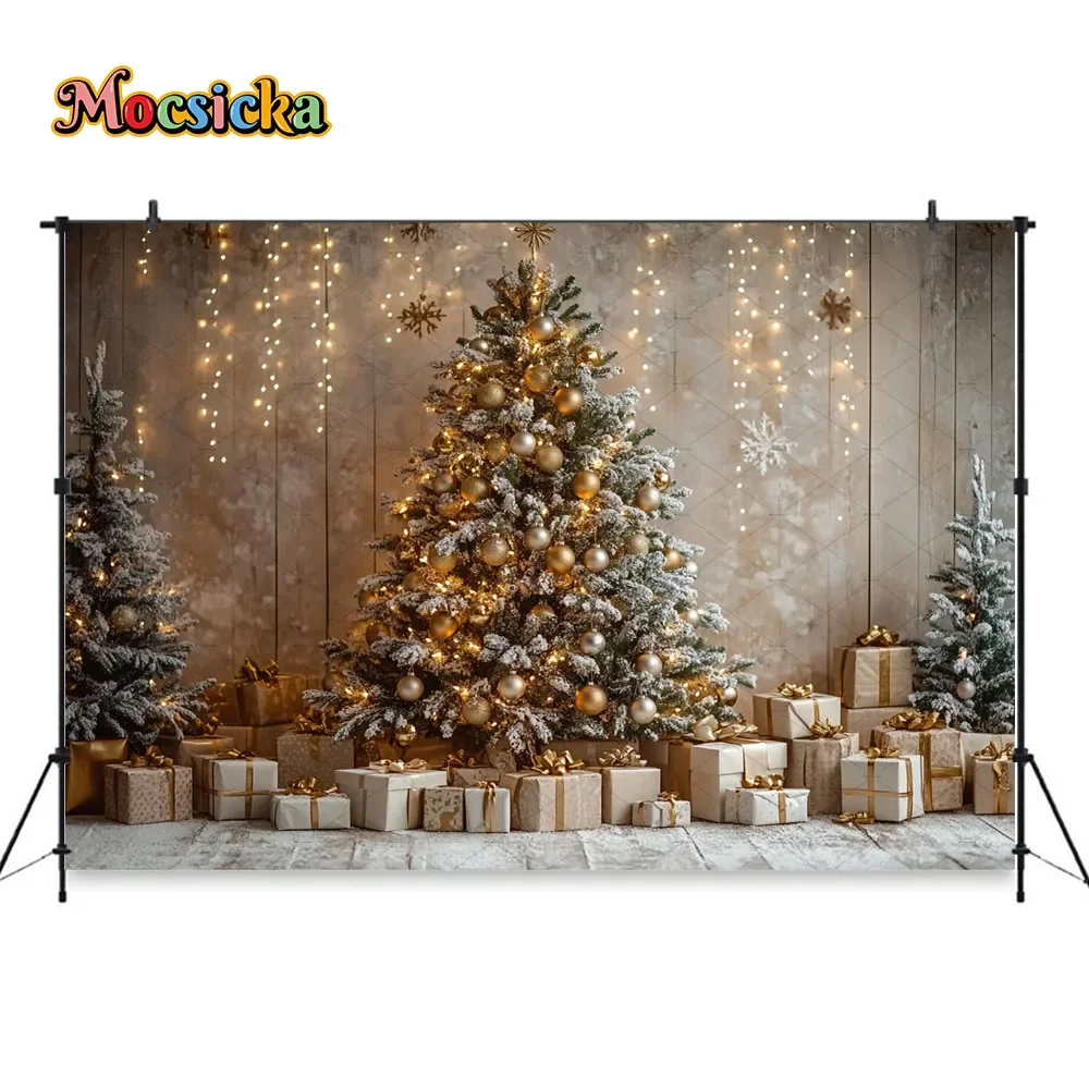 Gold Glitter Christmas Room Background Photography Xmas Tree Retro Brown Wall Gift Backdrop Winter Kid Family Party Photo Studio