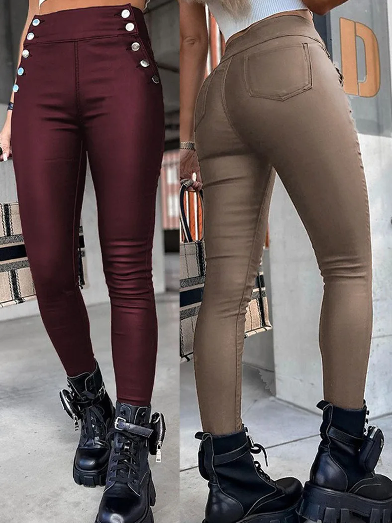

High Waist PU Leather Slimming Jeans Women's Spring Autumn Fashion Butt Lifting Button Long Pants Ladies Trousers