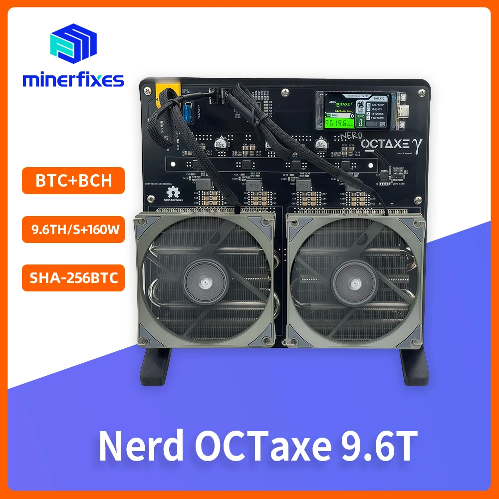 Máquina de Mineração Solo Bitcoin Miner NerdOCTAxe 9.6TH/s 160W com 8x BM1370 ASIC WiFi, Tela OLED de 3.5 Polegadas, Ventiladores Duplos e Inclui Fonte de Alimentação (PSU)