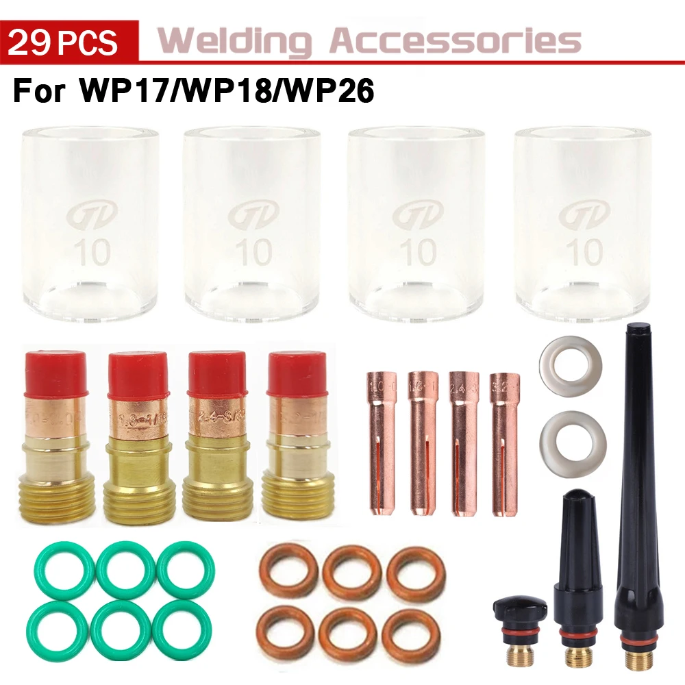 

29Pcs TIG Welding Kit WP17 WP18 WP26 Accessories Tig Welding Stubby Gas Lens #10 Pyrex Glass Cup Spares Welding Torch