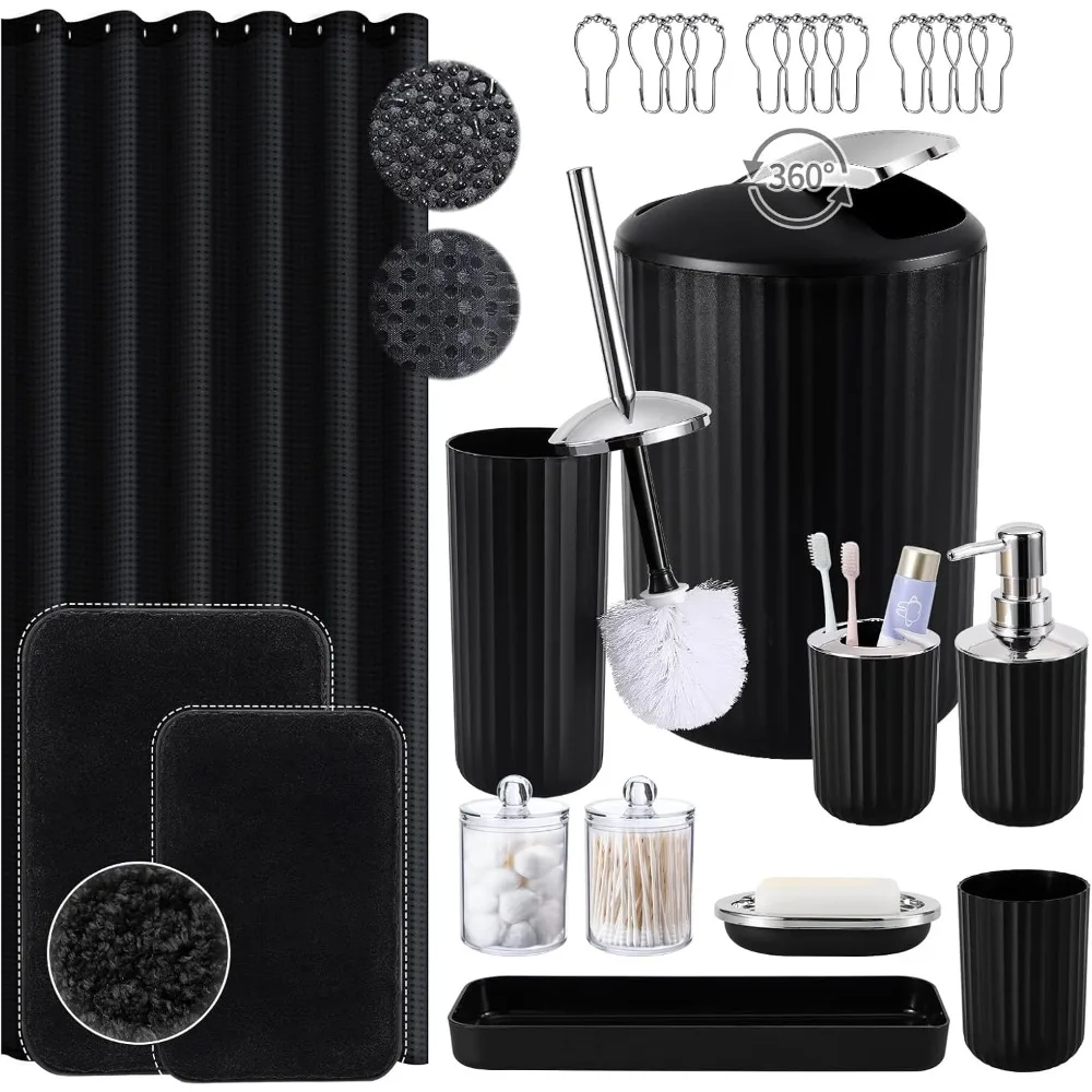 

Black Bathroom Accessories Set with Shower Curtain and Rugs Extra Soft Absorbent Bath Mat