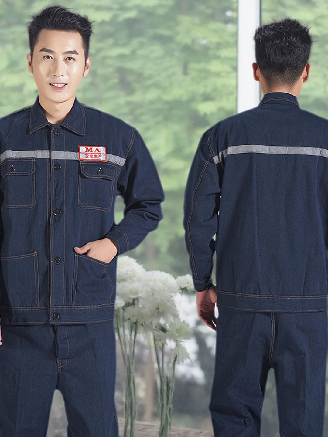 Men's ng Workwear orm Set Thi Denim Reflective Wear-Resistant Long Sve Lapel Buttoned Long Pants Labor Protectio...