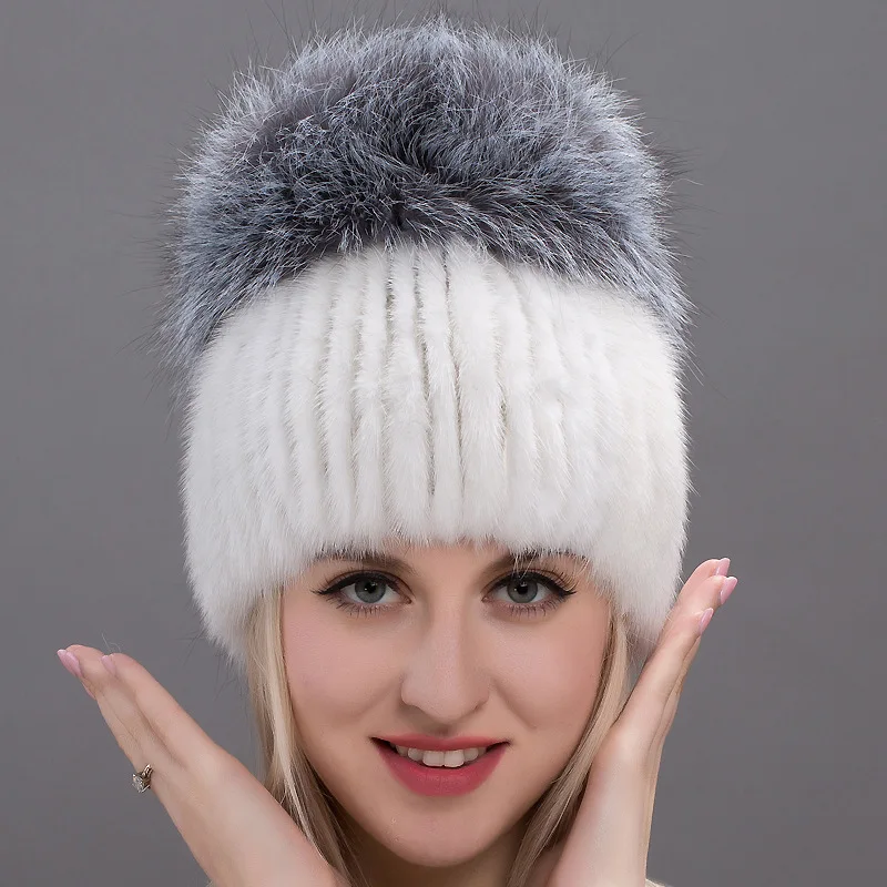 Winter Imported Mink Hats Real Fox Fur Balanos Fashionable and Warm Women's Mink Skin Ear Protectors