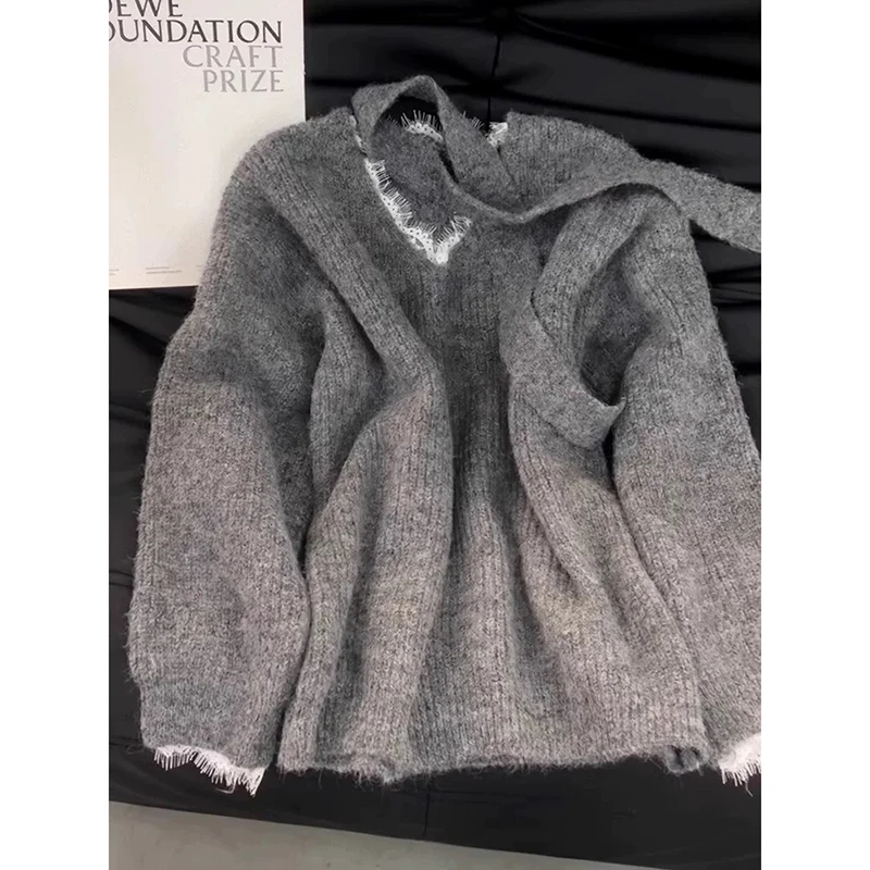 YIBASHU Donna Grigio Gotico Strap Maglione Set Harajuku Coreano Y2k Maniche Lunghe Maglioni di Pizzo Inverno College Vintage 2000s Vestiti