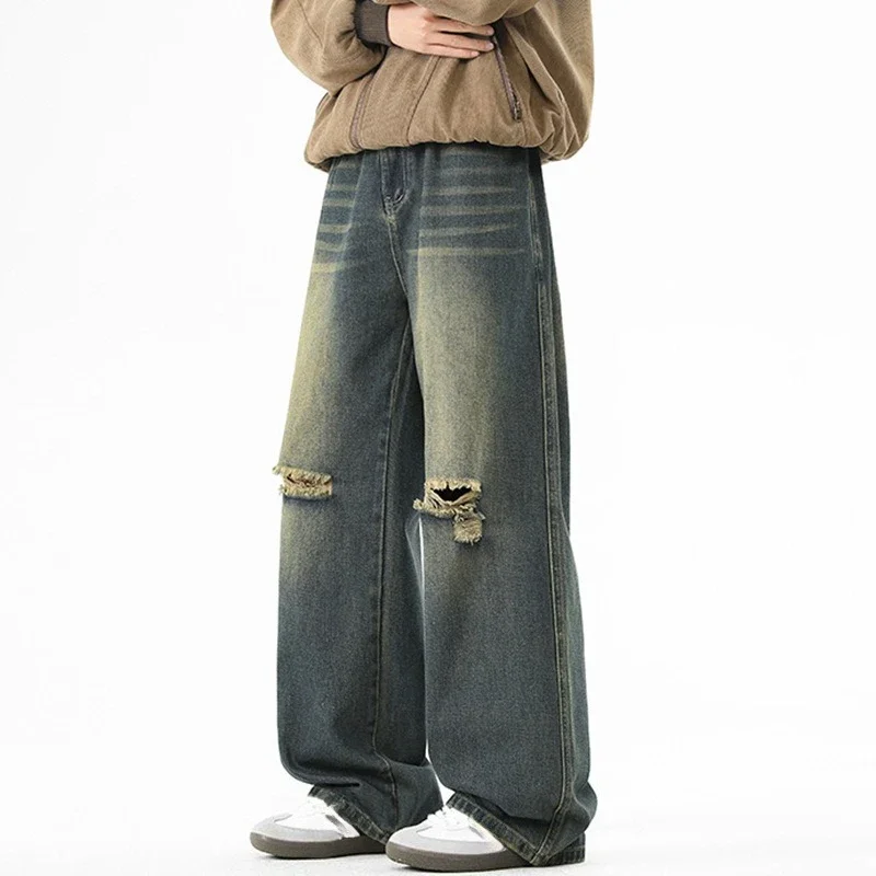 American Vintage 2025 Fashion Men’s Casual Trendy Hole Patched Loose Wide Leg Straight Denim Trousers Male Jeans Pants Clothes