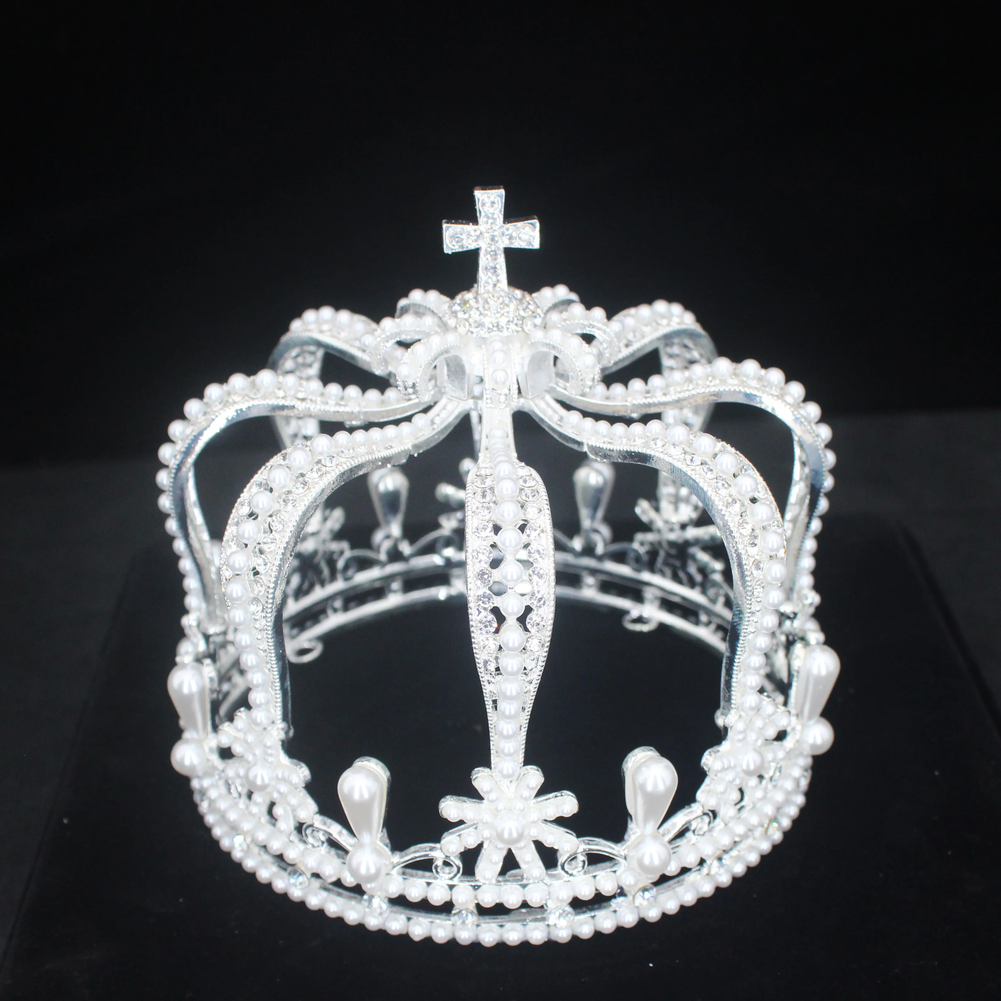 

Pearl Royal Queen King Tiara Crowns Men/Women Pageant Prom Crystal Cross Diadem Hair Ornaments Wedding Hair Jewelry Accessories