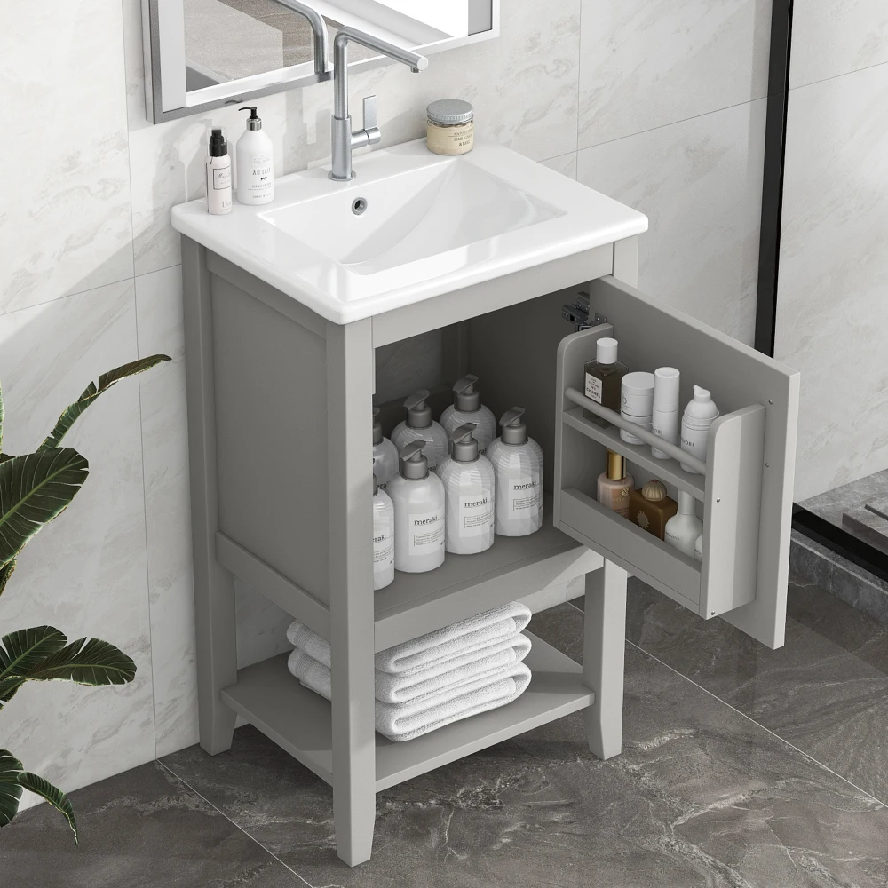 

20" Bathroom Vanity with Sink, Bathroom Cabinet with Soft Closing Door, Storage Rack and Open Shelf, Grey