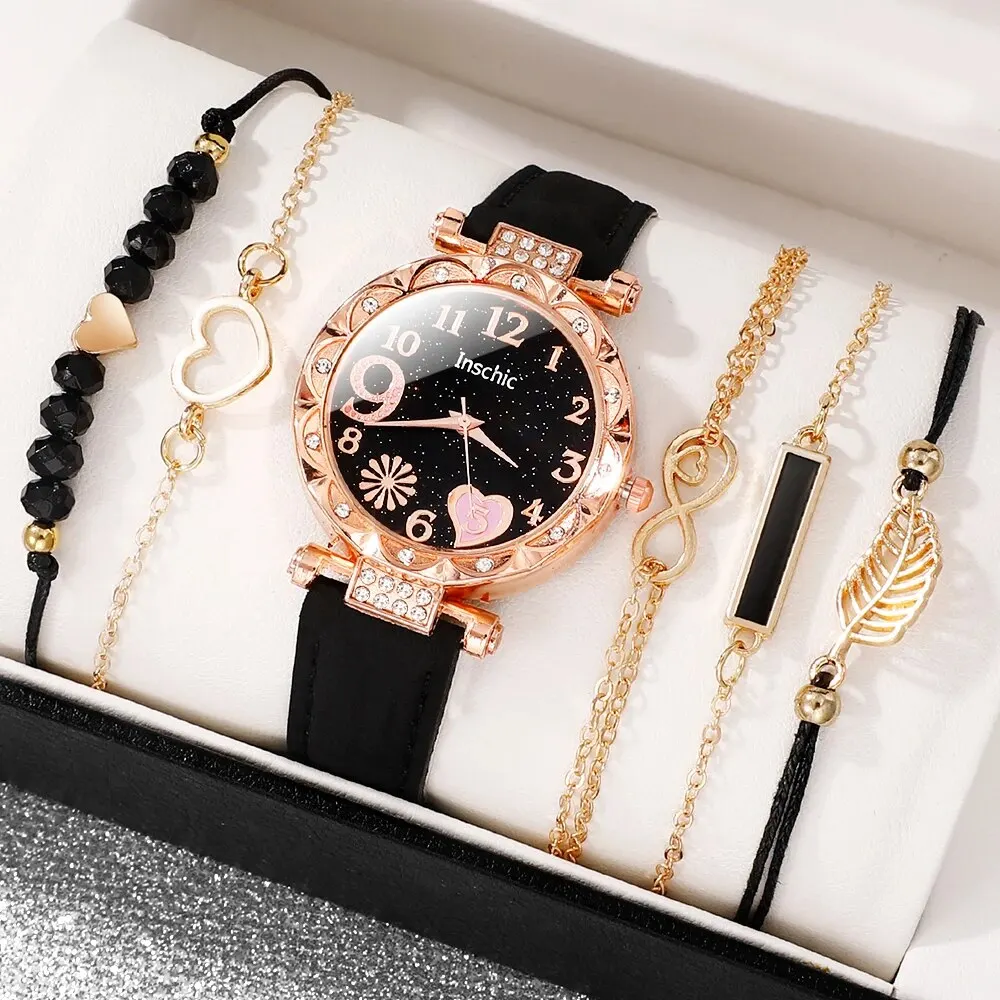 6Pcs/Set Women's Watch Cute Heart Quartz Watch Shiny Rhinestone Analog Wrist Watch & Bracelets, Gift For Mom Her