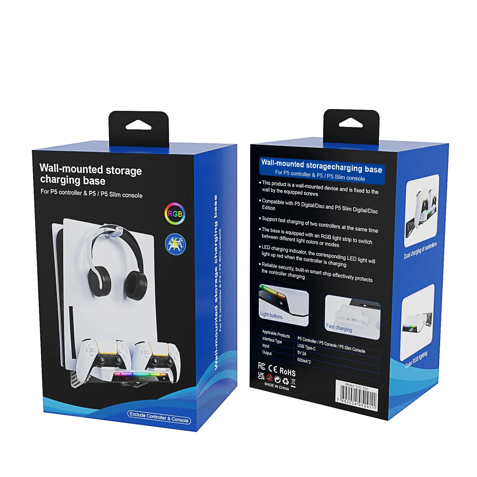 PS5 Slim Wall Mount Stand with Controller Charger Dock Headphone Hanger RGB Light for PlayStation 5 Console view 5