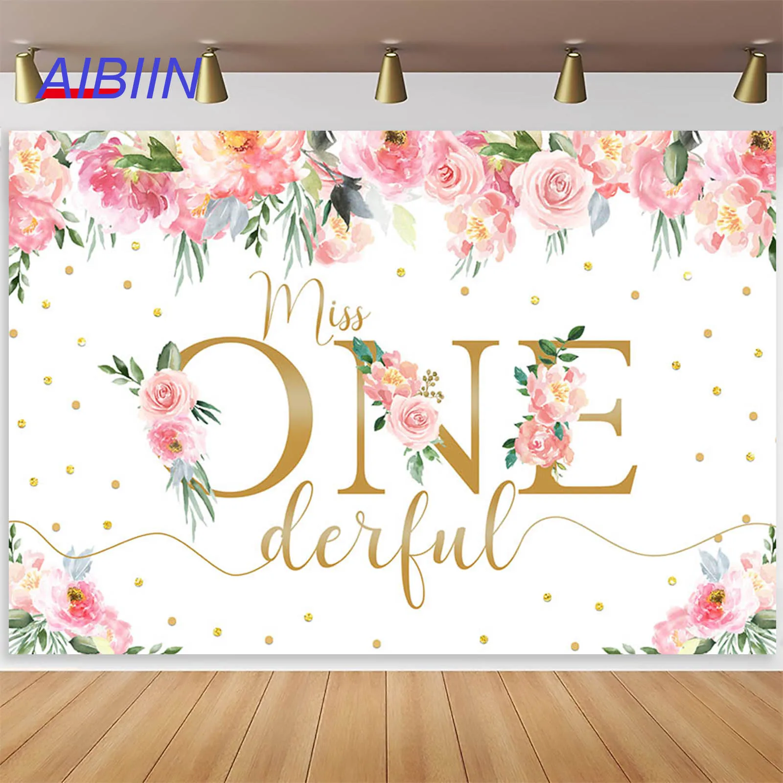 

AIBIIN Girl 1st Birthday Party Backdrop Decor Pink Flowers Gold Dots Banner Photography Background Cake Table Photozone Props