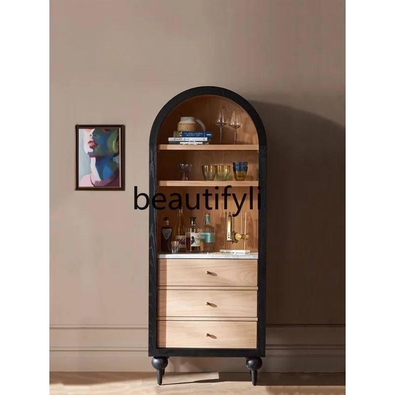 

Solid Wood Vintage Distressed Sideboard European Style Display Wine Cabinet French Style Living Room Storage Bookshelf Cabinet