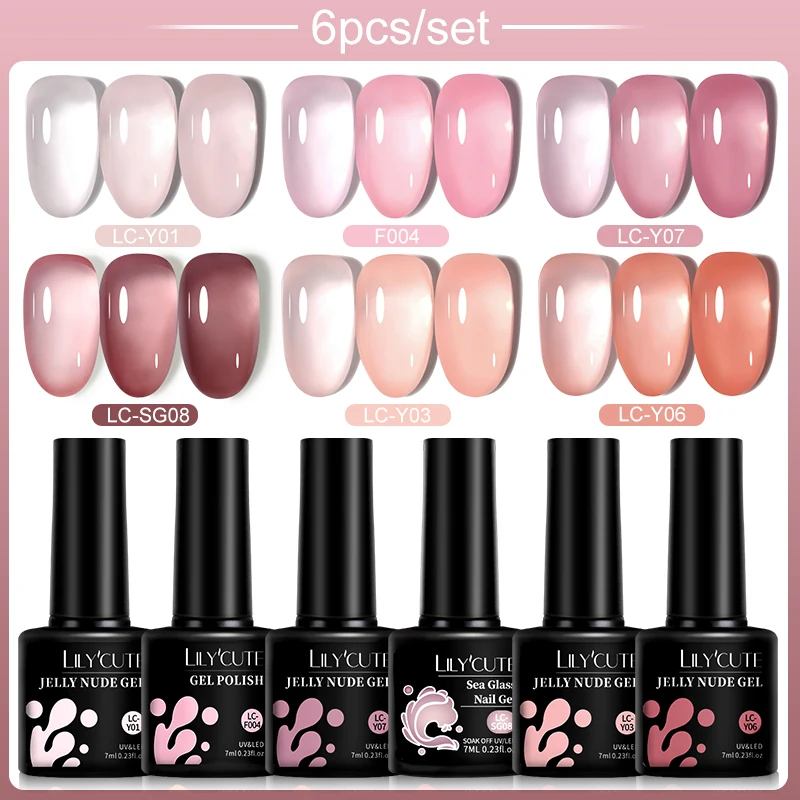 

LILYCUTE 6PCs/Set Nude Pink Jelly Gel Nail Polish Kit Transparent Jelly Amber Vernis Semi Permanent For Manicure Nail Art UV Gel