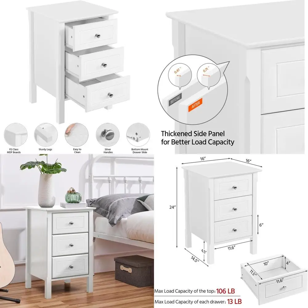 

Белая деревянная прикроватная тумбочка с 3 ящиками и прочными ножками, органайзер для хранения вещей для спальни или домашнего офиса, компактный дизайн для небольших помещений