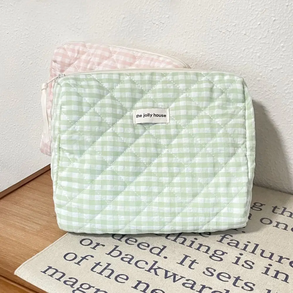 Cute Large Capacity Makeup Bag Quilted Cotton Plaid Cosmetic Storage Bag Soft Portable Makeup Pouch Bathroom