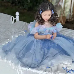 2024 Spring Summer New Dress Girls Birthday Party Princess Dress Childrens Blue Cute Gentle Festival Dress