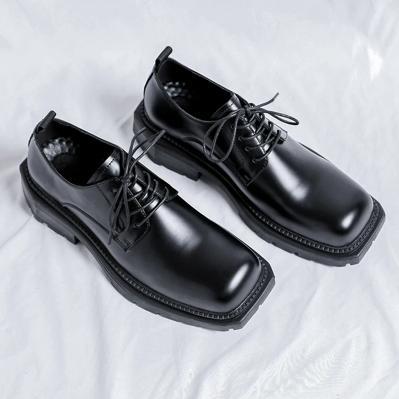 Men\'s Japan Karajuku Korean Style Fashion Streetwear Thick Platform Casual Black Leather Shoes Male Lace Up Dress Leather Shoes