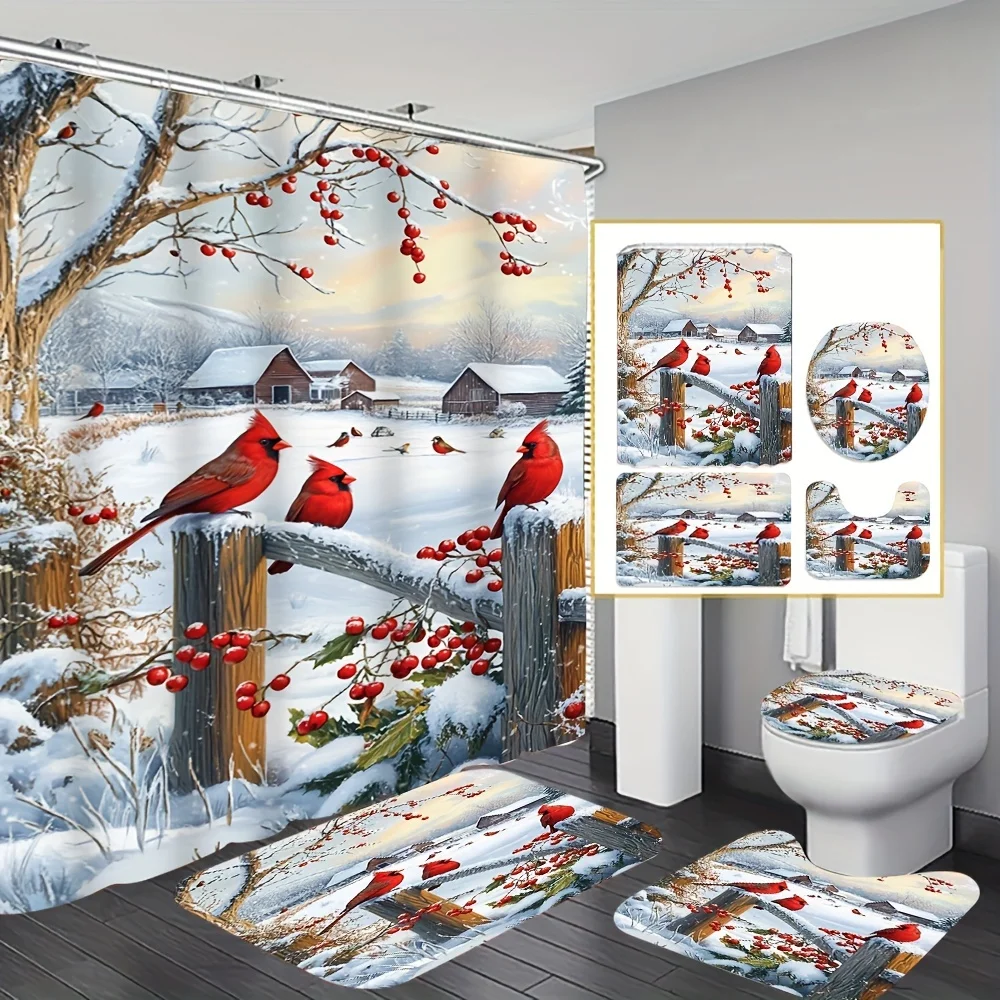 4pcs Christmas Cardinal Bird Shower Curtain Set with Non-Slip Mat & Toilet Cover,High Quality Liner   Hooks for Farmhouse Decor
