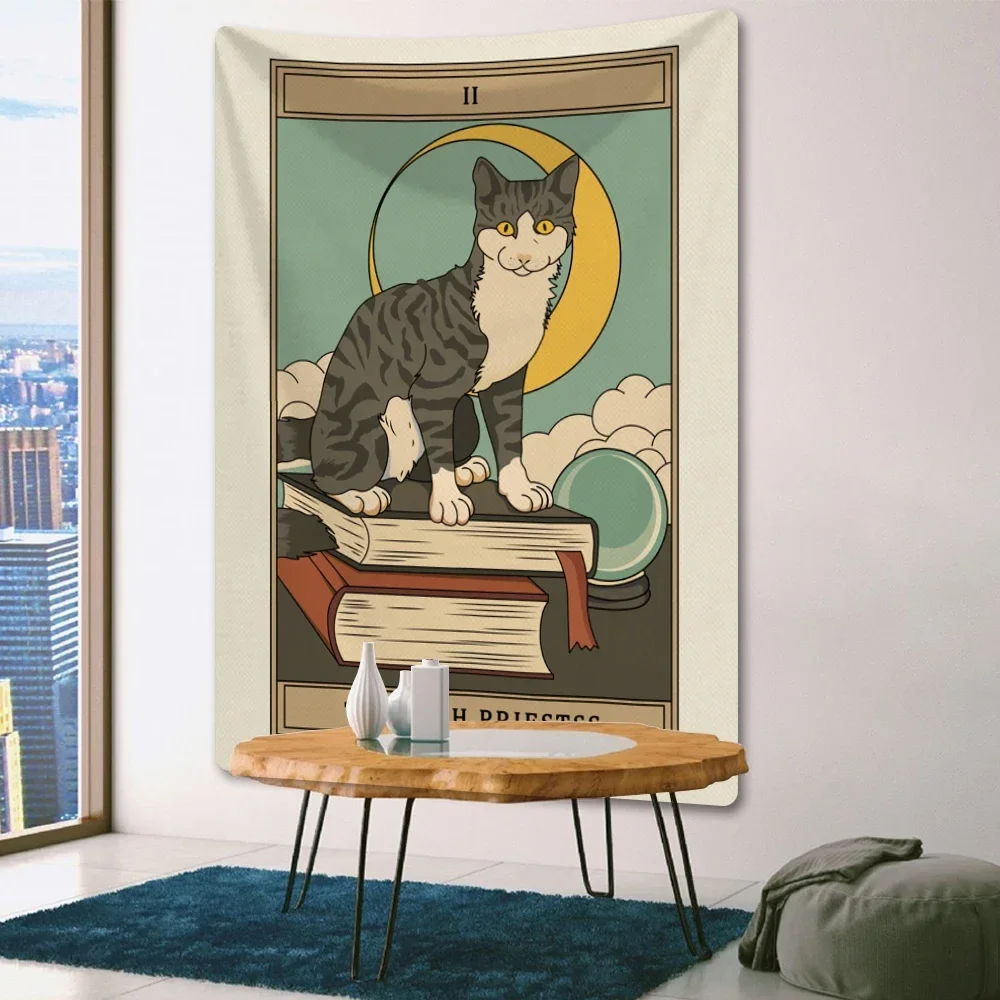 Cat Moon Tarot Home Decor Art Tapestry Hippie Boho Psychedelic Scene Room Wall Decor Mandala Sheets